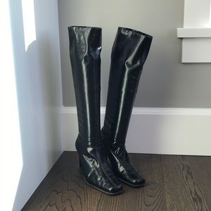 Black faux leather high heeled boots
